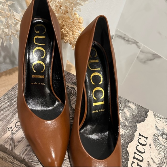 New SIZE 9.5 US / 39.5 EU Gucci Brown Leather Almond Toe Classic Pump Shoes - Picture 9 of 10